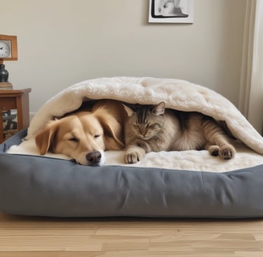 a cat and dog laying on a dog bed