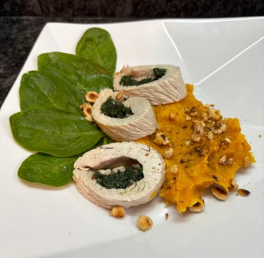 Ballotine de dinde aux champignons et épinards, crémeux de butternut chez Marmite & Papillote