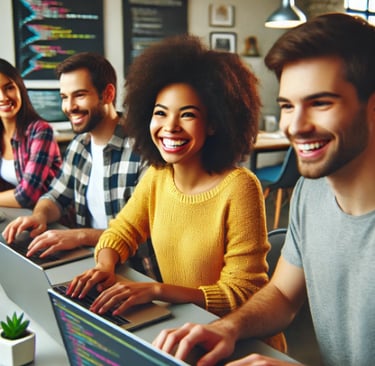 a group of people sitting at a table with laptops