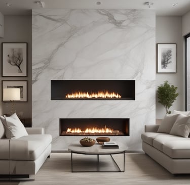 A warm marble fireplace surround with soft beige and cream tones, adding cozy elegance.