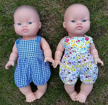 Minikane dolls dressed in summer overalls