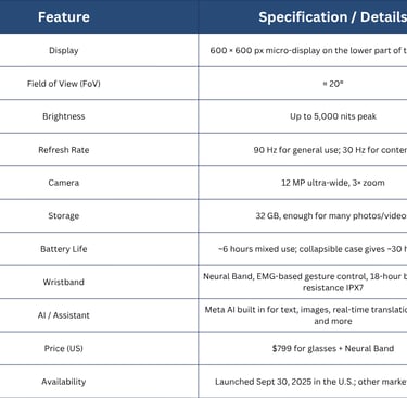 Key Features & Technical Specs of meta ray ban display