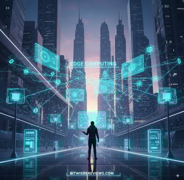 Edge computing network illustration showing real-time data processing between devices, edge servers,