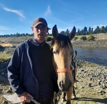A young person and a horse standing together by a lake.