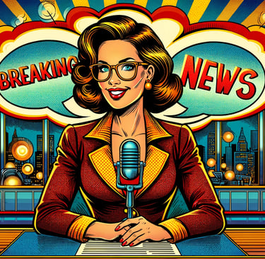 a woman in a red jacket and glasses is holding a microphone