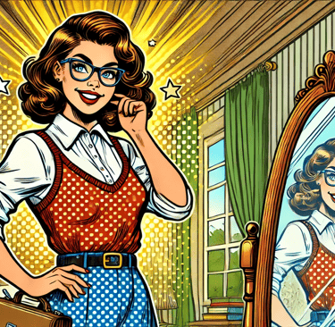 a woman in glasses and a red dress shirt