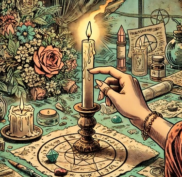 a person holding a candle in front of a table