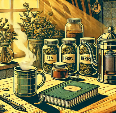 a painting of a table with a book and a cup of coffee