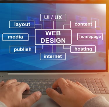 Hands typing on a laptop displaying a web design flowchart with UI/UX, layout, and content.