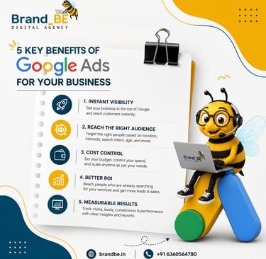 Infographic detailing 5 key benefits of Google Ads for business marketing, featuring a cartoon bee character.