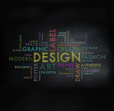 Colorful typography design concept with words like "DESIGN," "CREATIVITY," "ART," and "FASHION."