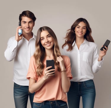 A happy customer holding a new phone with a big 'Oferta' sign in the background