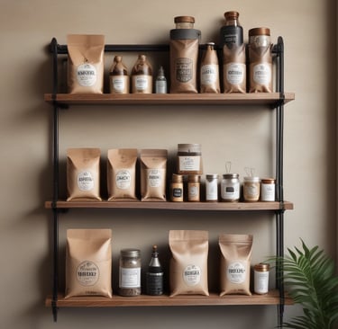 Display of colorful Mikita coffee packages arranged neatly on a wooden shelf.