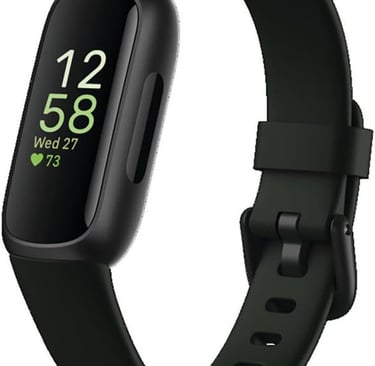 a smart watch with a black band and a green screen