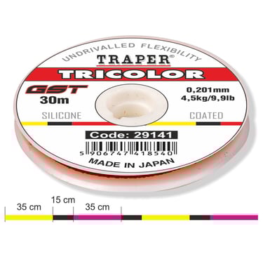Traper Tricolor GST silicone coated fishing line on a 30m spool with product specifications.