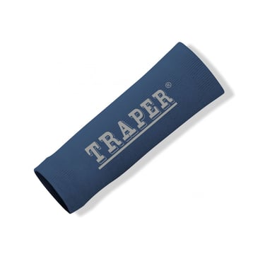 Traper blue neck gaiter and fishing buff with white brand logo on a white background.