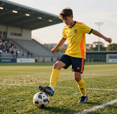 Dynamic action shot of a European teenager practicing a complex ball control drill on a professional soccer pitch, golden hour lighting, wearing a kit with yellow and orange accents, the background showing a modern stadium structure.