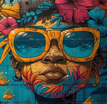 Illustration colorée sur mur béton d'une jeune fille aux lunettes jaunes