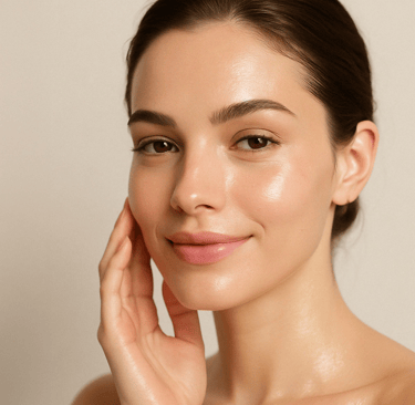 Mujer con piel radiante y luminosa después de usar productos de skincare coreano Riman K-beauty
