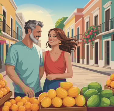 a man and woman standing in front of a fruit stand