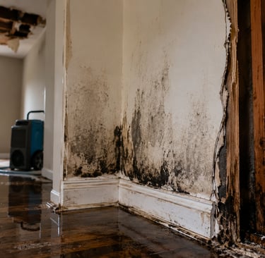 Interior wall water damage and hidden mold growth caused by excess moisture and untreated leaks insi