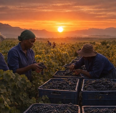 pessoas colhendo uva pinotage em uma vinícola