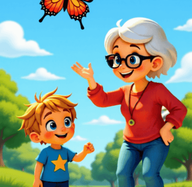 Nanny and Alvey look at a butterfly