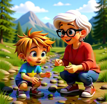 Nanny and Alvey by a stream