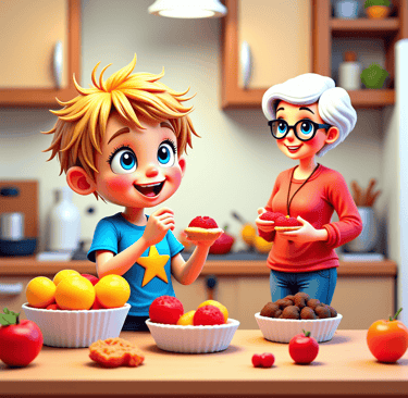 Alvey and Nanny eating fruit and cakes in the kitchen alveystarr.com