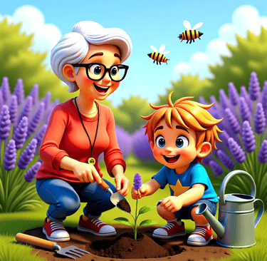 Alvey and Nanny planting flowers