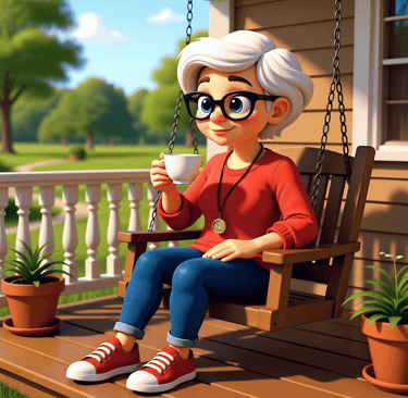 Nanny drinking tea and looking at the garden alveystarr.com