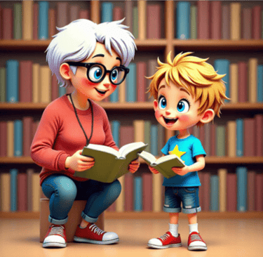 Alvey and Nanny in the library alveystarr.com