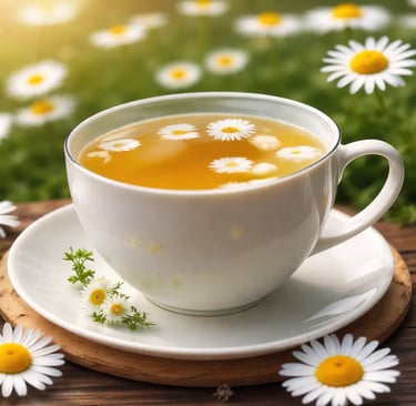 Uma xícara branca de chá de camomila herbal sobre uma mesa de madeira em um campo florido ensolarado