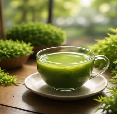 Um copo de vidro com chá verde matcha orgânico sobre uma mesa de madeira, cercado por plantas exuber