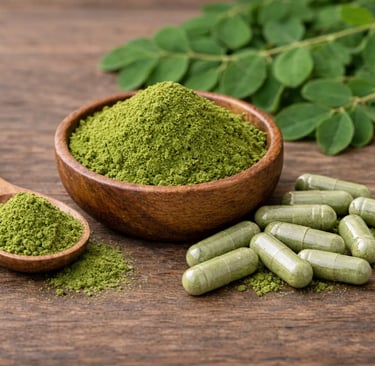 Pó de moringa orgânico em uma tigela e colher de madeira ao lado de cápsulas de suplemento alimentar