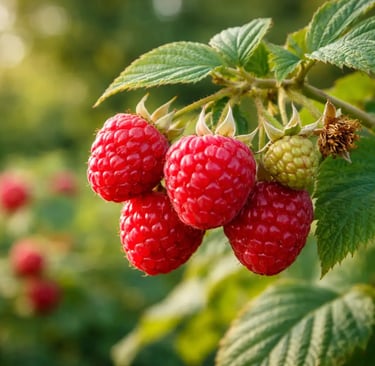 Framboesas vermelhas maduras no pé com folhas verdes.”