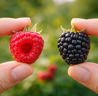 “Mãos segurando uma framboesa vermelha oca e uma amora preta maciça, mostrando a diferença estrutura