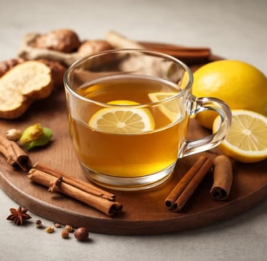 Chá de gengibre quente com ervas, fatias de limão e paus de canela sobre uma tábua de madeira para b