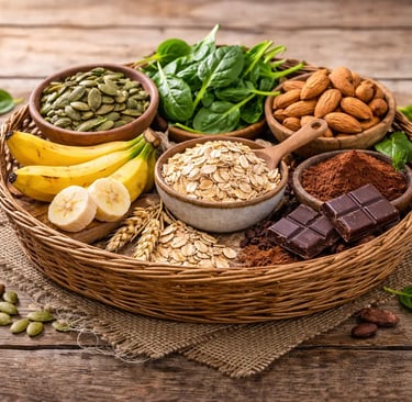 .Bandeja de vime com alimentos ricos em magnésio, incluindo aveia, bananas, espinafre, amêndoas e ch