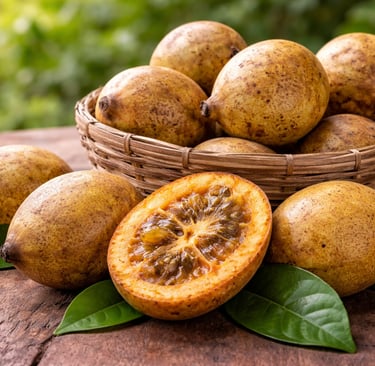 Jenipapo maduro cortado ao meio com polpa escura e frutos inteiros sobre mesa de madeira