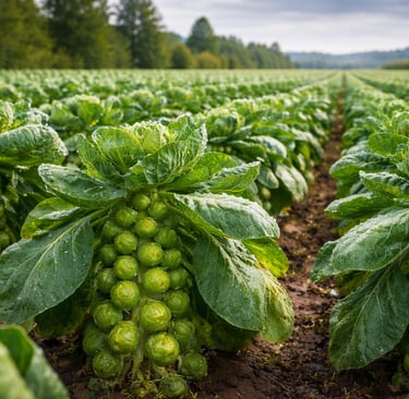 Plantação de couve-de-bruxelas em campo.