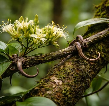 Trepadeira unha-de-gato medicinal (Uncaria tomentosa) com flores amarelas e espinhos curvados em uma