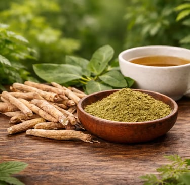 Pó natural de raiz de ashwagandha em uma tigela de madeira ao lado de raízes secas e chá de ervas.