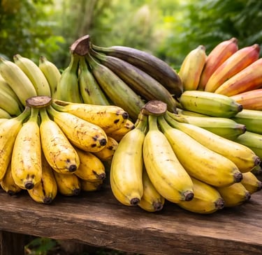 Cachos de diferentes tipos de banana expostos em ambiente natural