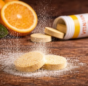 Comprimidos efervescentes de vitamina C se dissolvendo sobre uma superfície de madeira, ao lado de l