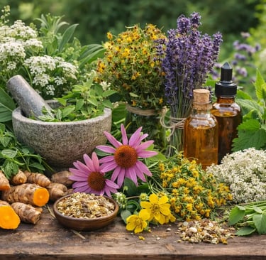 Ervas medicinais frescas, frascos de óleo essencial e um pilão com almofariz de pedra usados na prep