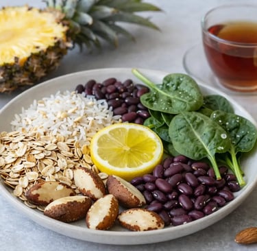 Uma tigela vegana saudável com feijão preto, espinafre, aveia, arroz e castanha-do-pará, servida 