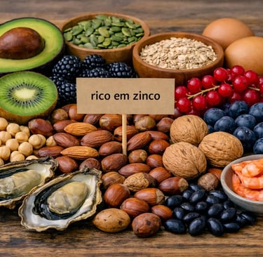 Variedade de alimentos ricos em zinco, incluindo ostras, nozes, sementes e frutas, sobre uma mesa