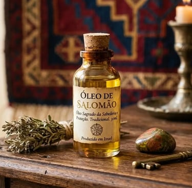 Um frasco de óleo de Salomão sobre uma mesa de madeira, com símbolos espirituais, uma chave e ervas 