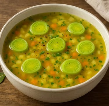 Uma tigela de sopa saudável de alho-poró, guarnecida com rodelas frescas de alho-poró e ervas, sobre